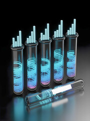 Five glowing test tubes display rising bar graphs, symbolizing growth and data analysis, with a single tube lying flat, ready for new insights