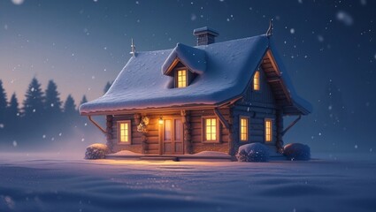 Fototapeta premium Cozy Snow Covered Log Cabin With Warm Lights winter house