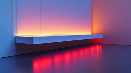 Illuminated shelf in corner with gradient wall and reflective floor surface