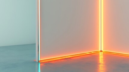 Illuminated corner of a room with orange led strips and glossy floor surface