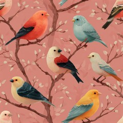 Fototapeta premium Colorful Birds on Branches with Soft Pink Background and Leaves
