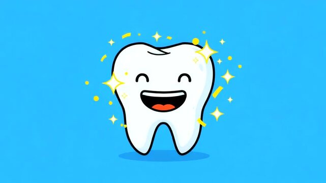 Happy cartoon tooth with sparkles on a bright blue background