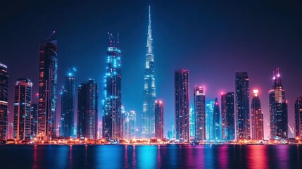 Night cityscape, Dubai skyline, neon lights, waterfront, construction