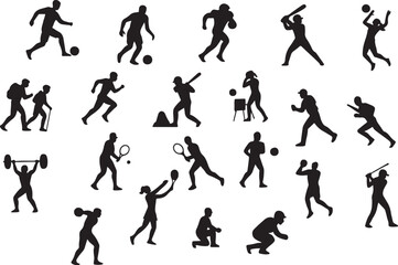 Obraz premium Athlete Sports Silhouette Vector Set – Football, Basketball, Cricket, Tennis & Dynamic Motion Poses on White Background