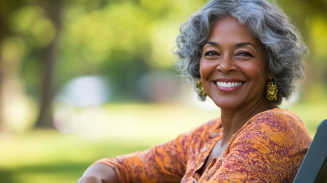 Smiling senior woman with silver hair radiating joy in a garden setting