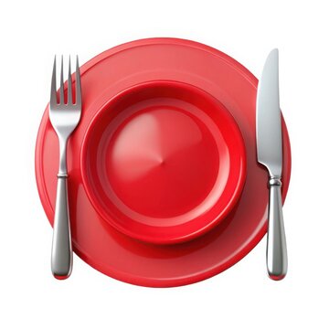 Red plate with fork and knife setting isolated on white background
