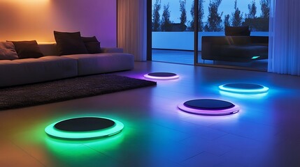 Living room with sofa and glowing floor lights in different colors at night
