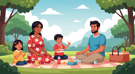 Happy Family Enjoying a Sunny Picnic in the Park