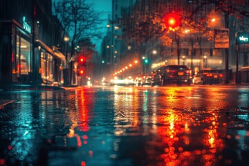Obraz premium A wet city street at night with reflections of traffic lights and storefronts on the slick pavement