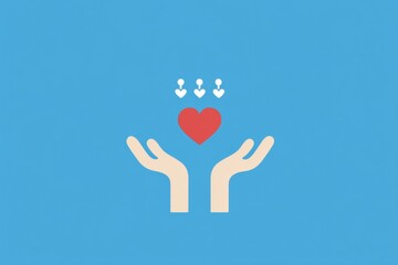 Obraz premium Hands holding heart: Symbolizing Love and care for People. The illustration shows hands holding a heart with figures above it against the cyan backdrop.