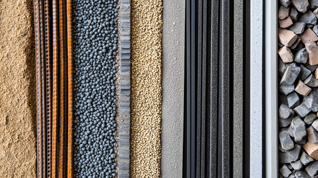 Abstract pattern of diverse building materials arranged vertically side by side. Textures include sand, rebar, gravel, and stone.