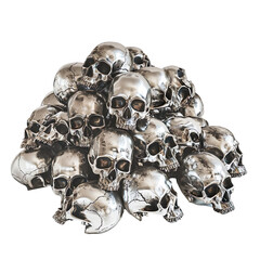 Pile of metallic skulls with cracked texture isolated on transparent background