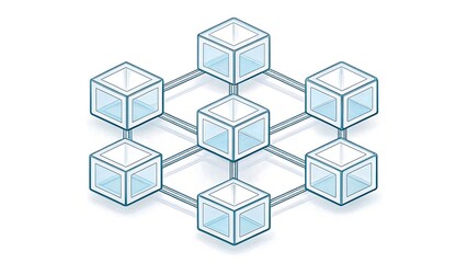 Isometric blockchain network illustration with connected transparent cubes on white background
