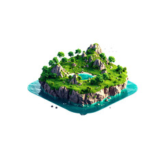3D cartoon floating island in emerald green with anti-gravity effect on white background in ultra-high-definition isometric view