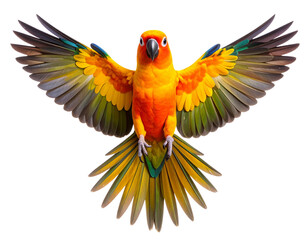 Sun Conure with Wings Fully Spread in a Front-Facing Pose, Isolated on Transparent Background