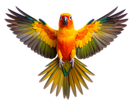 Sun Conure with Wings Fully Spread in a Front-Facing Pose, Isolated on Transparent Background