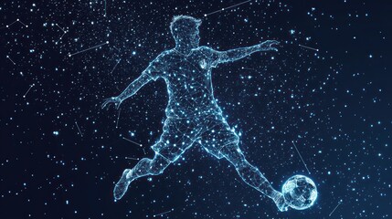 Digital Soccer Player Kicking Cosmic Ball, Night Sky, Sports Graphic