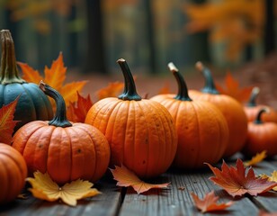 A colorful display of pumpkins pumpkins and leaves sitting in a row on wooden background Space for text Generative AI dreamlike imagery subconscious exploration bending reality imaginative nar