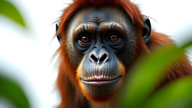 A close-up portrait of a calm orangutan among green foliage, with a soft, bright background. The focused expression conveys natural beauty and emotion