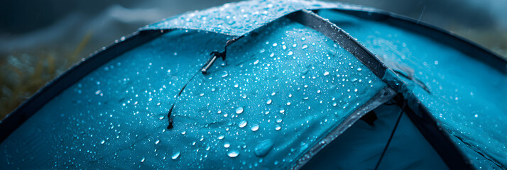 blue tent in rain close up large water drops on tent, concept of waterproof water repellent water resistant equipment or textile material for traveling camping outdoor in wet weather