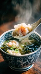 Fresh Shrimp Dumpling Soup with Steaming Broth and Green Onions