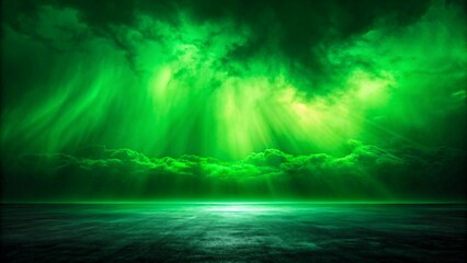 Fototapeta premium Green aurora lights glowing over calm ocean under dramatic cloudy sky at night 
