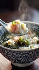 Delicious Seafood Dumpling Soup in Elegant Bowl with Steam Rising