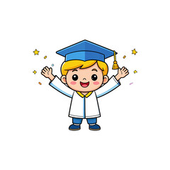 Funny cartoon vector illustration of a smiling boy in a school uniform and hat with balloons