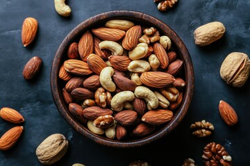 Overhead view of a wooden bowl filled with mixed nuts on a dark textured surface setting the scene