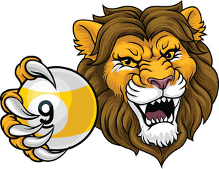 Lion nine ball pool billiards sports mascot holding a 9 ball cartoon illustration