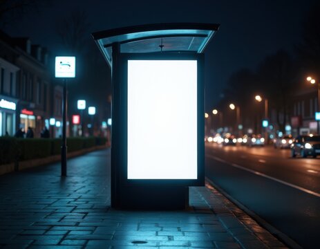 Blank white vertical digital billboard poster on city street bus stop sign at night Street advertising bus stop mockup dreamlike imagery subconscious exploration bending reality imaginative narra