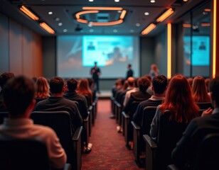 Business people or students are watching a presentation or attend a training or seminar in a lecture hall or auditorium Conference hall full of people participating in the business training dreamlik