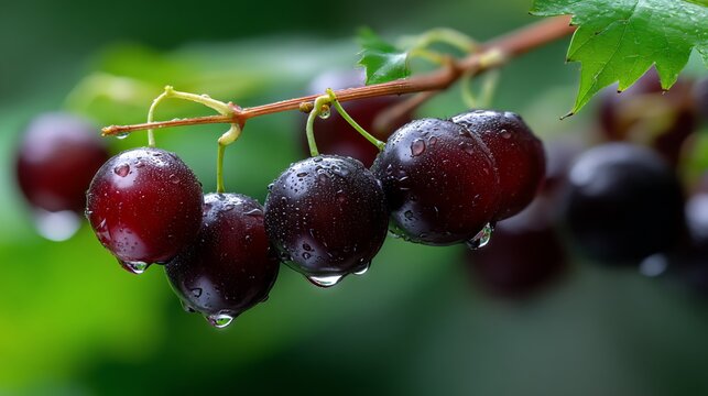 Close-up of a cluster of ripe, dark cherries with water droplets, on branch