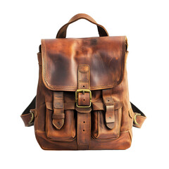 Vintage Brown Leather Backpack Stylish Travel Bag isolated on a transparent background