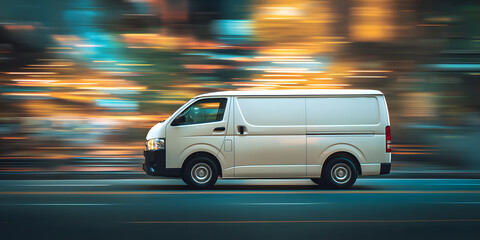 white delivery van side view on blur city street background, moving minivan in urgent fast motion, concept of logistics, food merchandise commercial delivery or post service, banner with copy space
