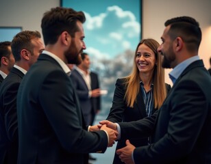 Business professionals meet for the first time at a conference exchanging smiles and handshakes as they introduce themselves The environment is welcoming and conducive to networking dreamlike imag