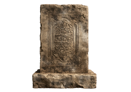 Ancient stone artifact with intricate carvings and historical script against black backdrop