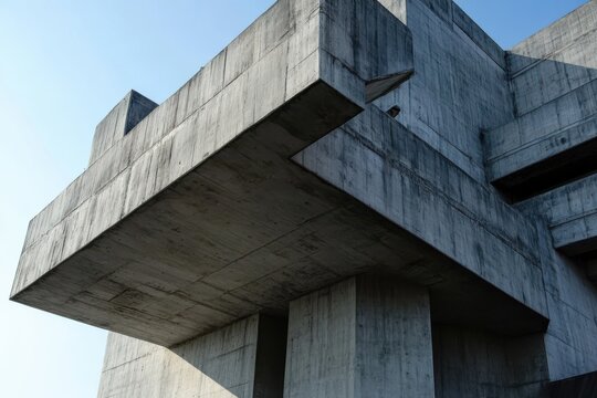 A low angle view of a brutalist concrete building with geometric shapes against a clear blue sky