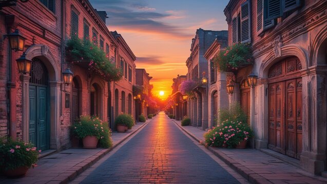 Historic street at sunset with brick buildings and flowers cobblestone - Powered by Adobe