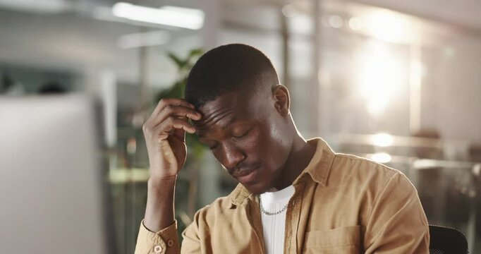 Computer, confused and business man in office with doubt, reading or problem solving at night. Deadline, technology and unsure worker thinking with difficult decision or creative challenge in startup