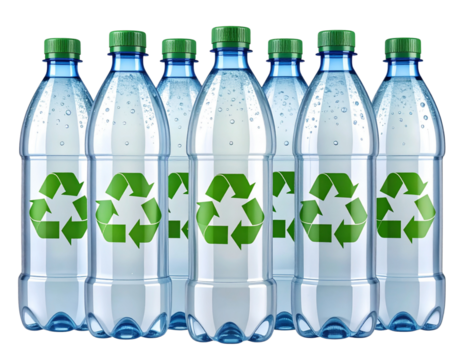 3D Render of Transparent Plastic Bottles Group with Recycling Symbol, isolated on transparent background PNG