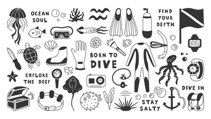 Scuba Diving Doodle Set. Hand drawn underwater gear equipment, phrases, creatures, sea life elements, animals. Sketch Icons collection. Vector illustration