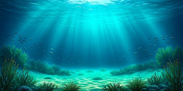 Underwater ocean scene with sunlight rays fish and plants in clear blue sea illustration  
