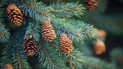 Cones on Spruce Branch, Forest Background, Nature Photography, Holiday Decor
