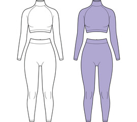 Women's Activewear Set Technical Fashion Flat Sketch, Long Sleeve Mock Neck Crop Top and High Waisted Leggings, Blank and Lavender Apparel Template.
