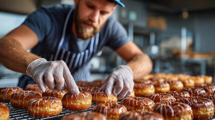 Close-up of a pastry chef preparing donuts in the bakery