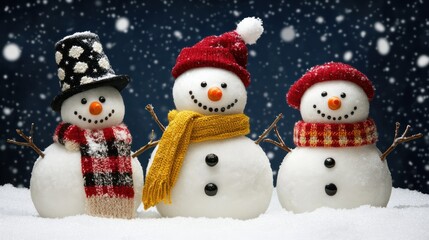 Fototapeta premium Three snowmen winter scene, snowy night background, holiday greeting card