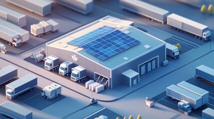 Solar-powered warehouse, busy logistics hub, aerial view, delivery trucks, sustainable business