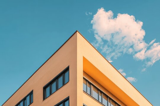 Modern building rising to a blue sky, clouds; for real estate, architecture, or design
