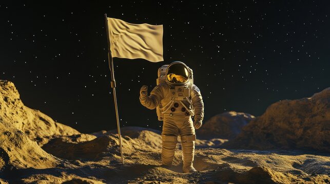 Astronaut plants flag on lunar surface, starry night background, space exploration